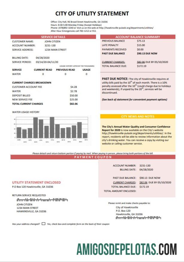 realista Declaração da cidade de serviços públicos dos EUA Modelo de conta de serviços públicos de água em formato Word e PDF